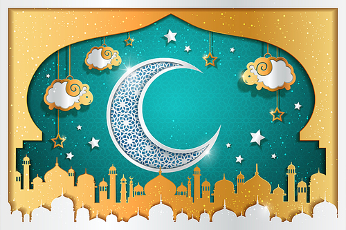 Islamic holiday background design with carved crescent and sheep hanging on the sky, mosque onion dome decorations in turquoise and golden color