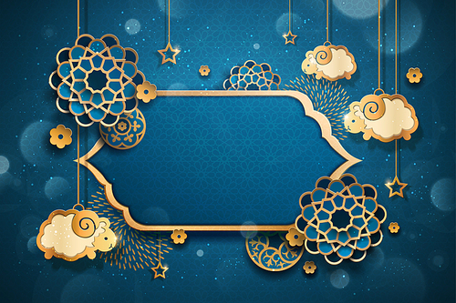 Eid al adha design with hanging sheep and floral pattern in paper art, blue bokeh background