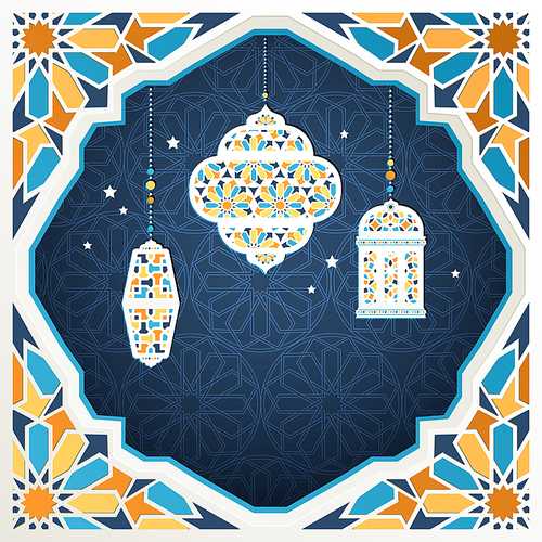 Islamic holiday design with hanging lanterns and frame in mosaic style