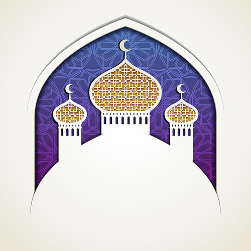Islamic holiday design with mosque onion dome in paper art style