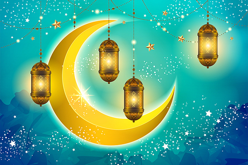 Islamic holiday design with hanging lanterns and yellow crescent on blue glitter background