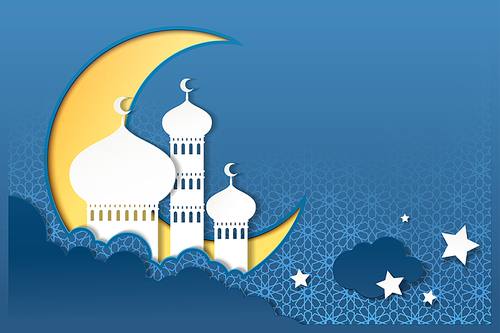 Islamic holiday design with mosque upon the sky in paper art style