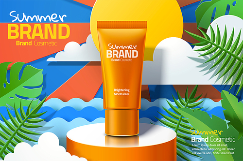orange skincare plastic tube ads on summer sunshine paper art  with tropical leaves in 3d illustration