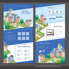 lovely one page website template design with city scene over blue background