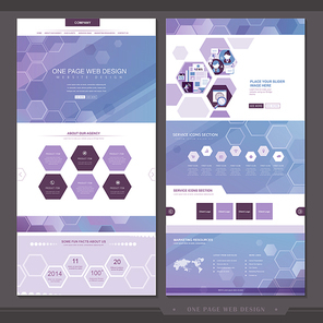 abstract one page website template design with hexagon elements in purple