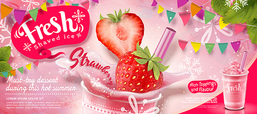 Strawberry ice shaved ads with fresh fruit in 3d illustration, pink party decoration with snowflakes