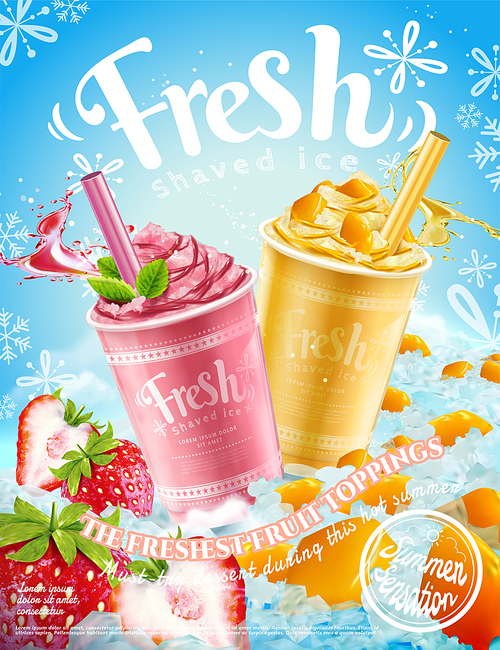 Summer frozen ice shaved poster with strawberry and mango flavors in 3d illustration, refreshing fruit and toppings