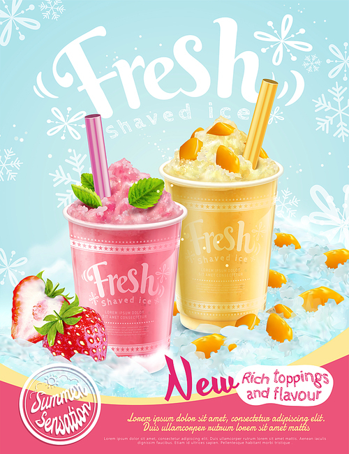 Summer frozen ice shaved poster with strawberry and mango flavors in 3d illustration, refreshing fruit and toppings
