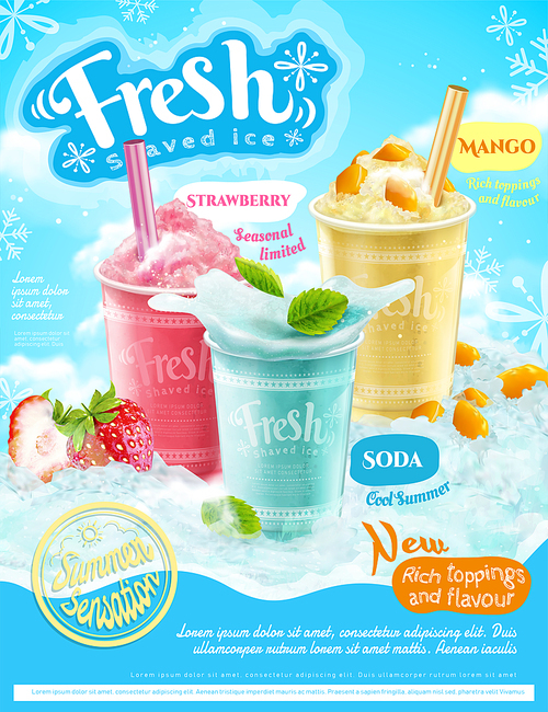 Summer frozen ice shaved poster with strawberry, mango and soda flavors in 3d illustration, refreshing fruit and toppings
