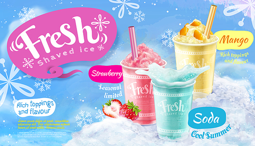 summer frozen ice shaved poster with strawberry, mango and soda flavors in 3d illustration, blue snowflakes