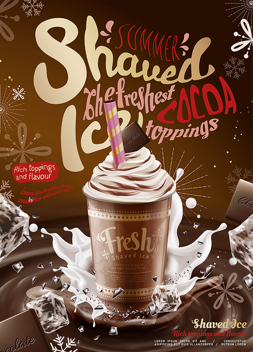 Chocolate syrup ice shaved ads with creamy topping and splashing ice cubes in 3d illustration