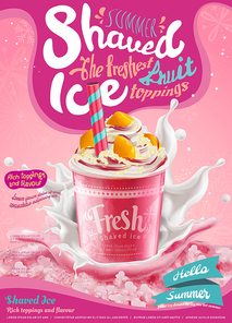 strawberry ice shaved poster with splashing milk in 3d illustration, pink  with snowflakes