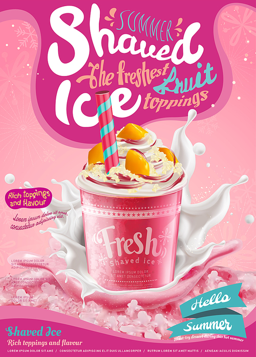 strawberry ice shaved poster with splashing milk in 3d illustration, pink  with snowflakes
