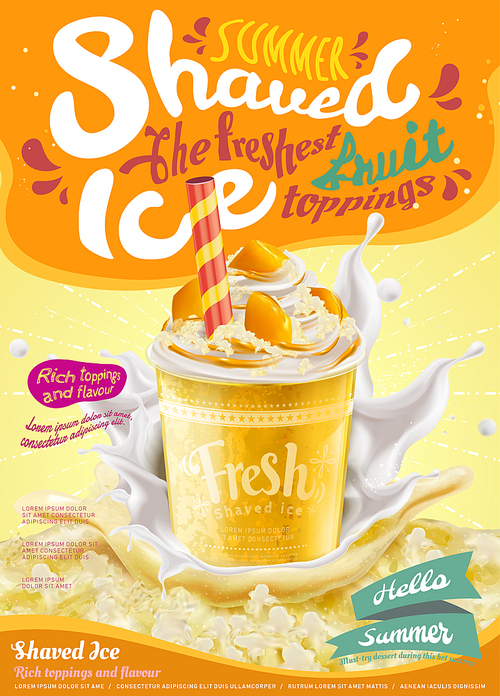 Summer frozen ice shaved poster in mango flavor in 3d illustration, splashing milk and ice element