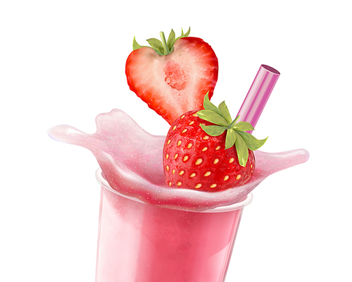 isolated strawberry ice shaved with splashing liquid and fresh fruit, 3d illustration on white