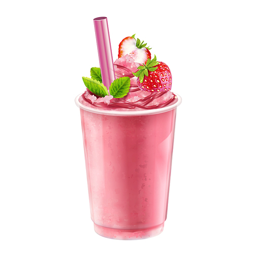 isolated strawberry ice shaved with fresh fruit and mint leaves, 3d illustration on white