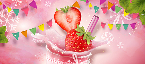 strawberry ice shaved design element with refreshing fruit on pink  with snowflakes and party flags in 3d illustration