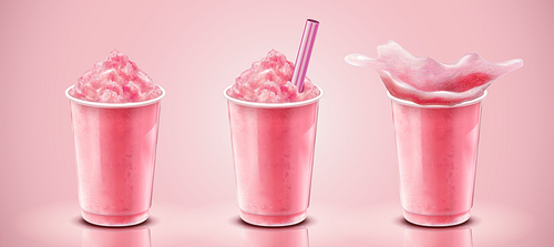set of strawberry ice shaved in takeaway cup, 3d illustration drink mockup on pink