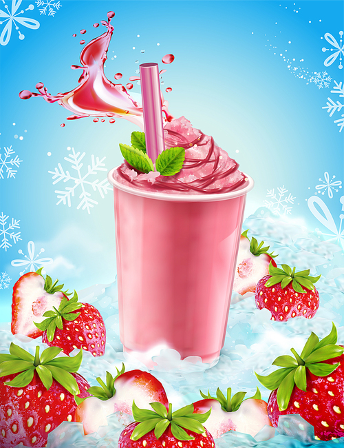 vivid strawberry ice shaved takeout cup with fresh fruit and splashing liquid in 3d illustration, ice