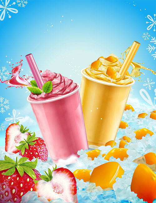 Summer ice shaved takeout cup in mango and strawberry flavors, 3d illustration with fresh fruit and ice elements