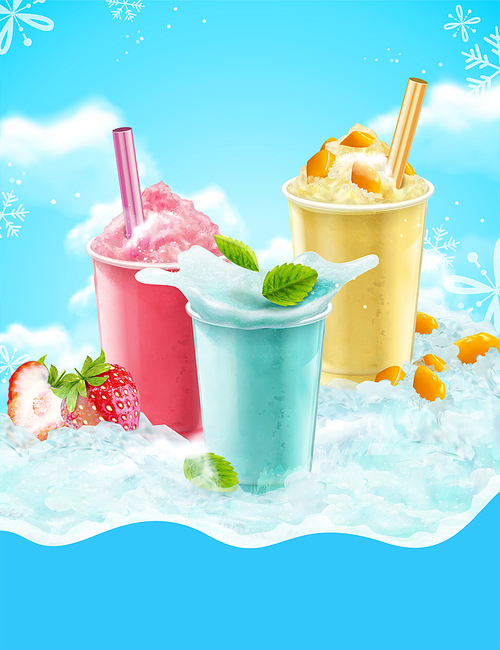summer ice shaved takeout cup in mango, strawberry and soda flavors, 3d illustration with blue iced  with snowflakes