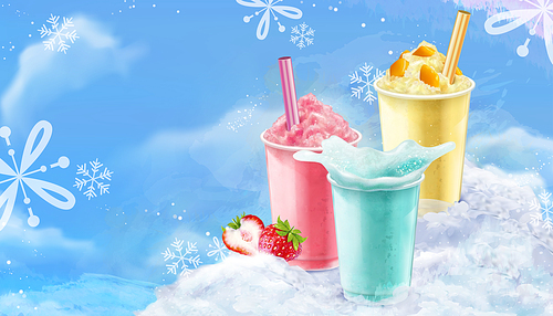 summer ice shaved takeout cup in mango, strawberry and soda flavors, 3d illustration with blue iced  with snowflakes