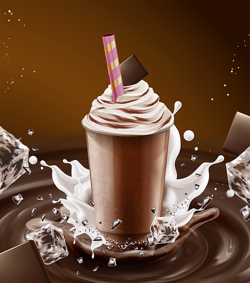 Chocolate syrup ice shaved mockup with creamy topping and splashing ice cubes in 3d illustration