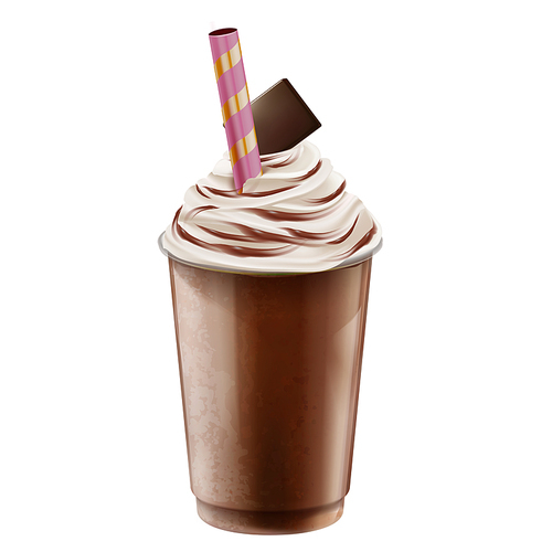 isolated chocolate syrup ice shaved in takeout cup, 3d illustration on white