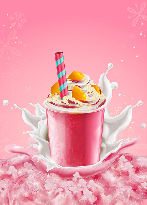 strawberry ice shaved takeout cup with mango toppings and cream on pink  in 3d illustration