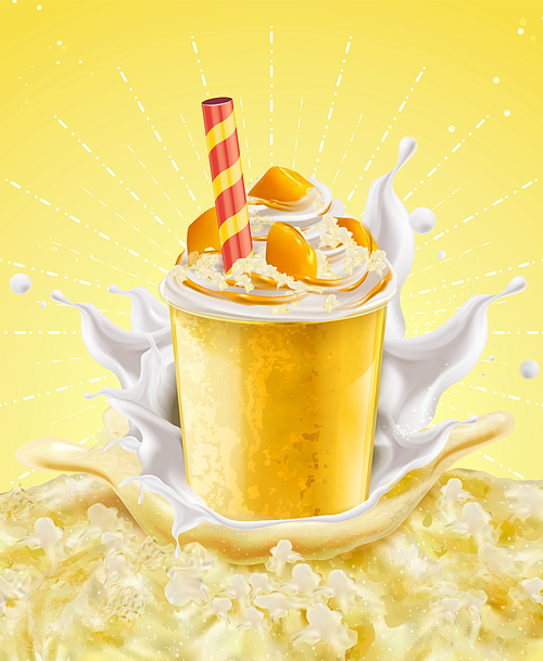 mango ice shaved takeout cup with splashing milk on yellow iced  in 3d illustration