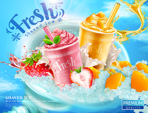 Strawberry and mango shaved ice ads with splashing syrup in 3d illustration