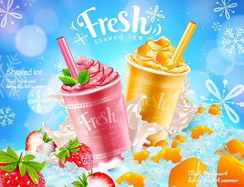 Strawberry and mango shaved ice ads with snow flakes effect in 3d illustration