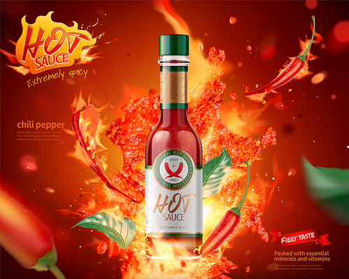 hot sauce product ads with burning fire effect on red , 3d illustration