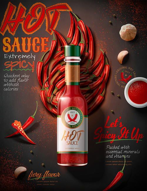 Hot sauce product ads with chili peppers in fire shape, 3d illustration