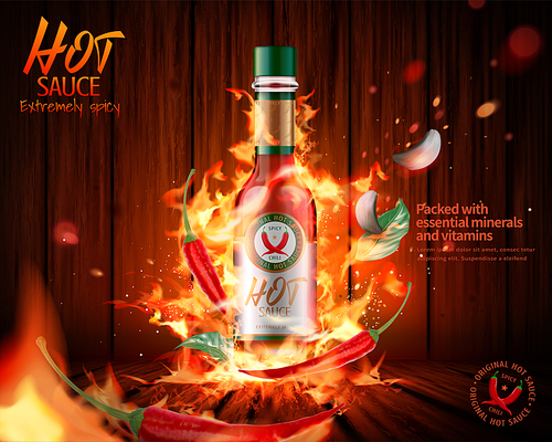 hot sauce product ads with burning fire effect on wooded plank , 3d illustration
