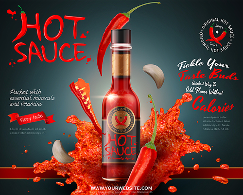 Hot sauce product ads with flying ingredients and garlic in 3d illustration