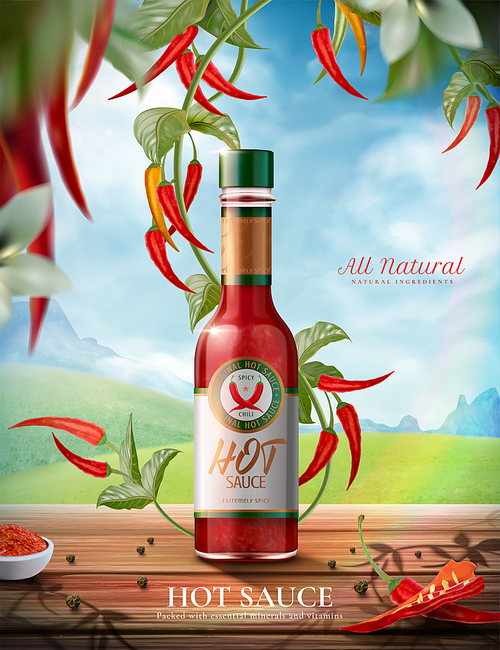 hot sauce product ads with chili peppers plant on wooden table and nature , 3d illustration