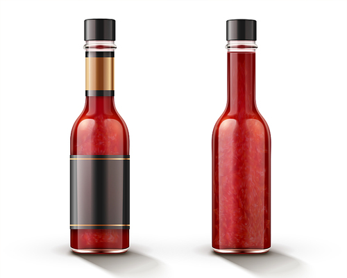 Hot chili sauce bottle mockup with blank label in 3d illustration