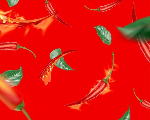 Hot chili with flame flying in the red background, 3d illustration