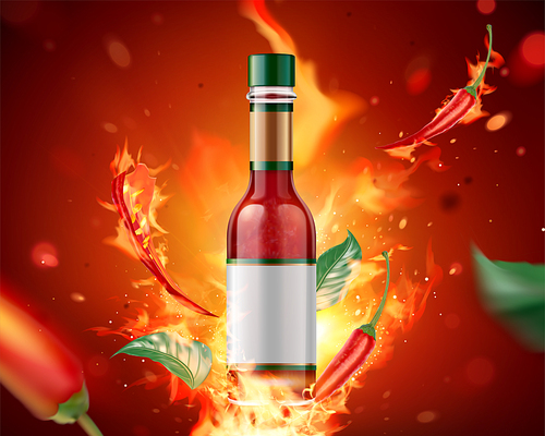 hot sauce product with burning fire and chili on glitter red , 3d illustration
