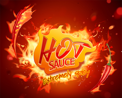 Hot sauce with burning fire in 3d illustration
