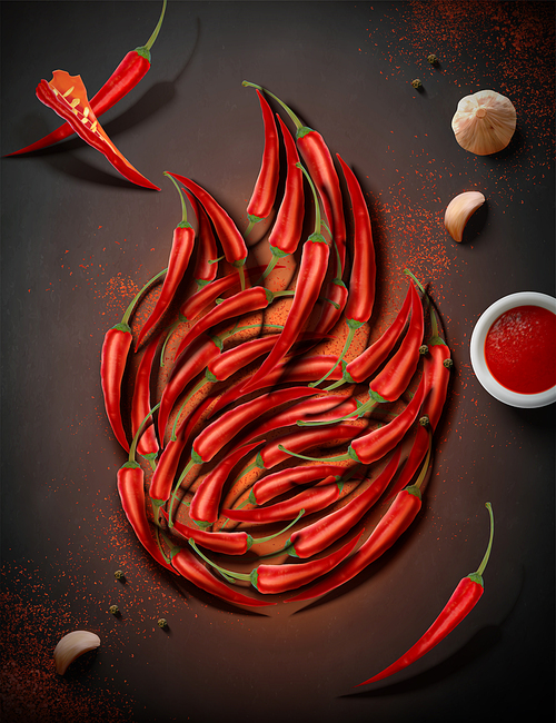 Hot chili pepper in fire shape on blackboard, 3d illustration