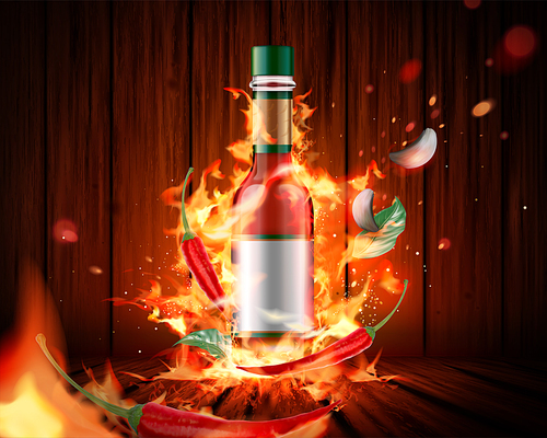 hot sauce product with burning fire and chili on wooden plank , 3d illustration