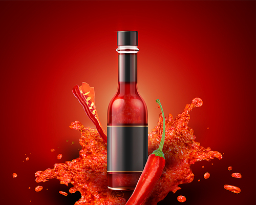 hot sauce product with blank label in 3d illustration on red