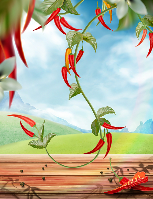 Chili plant with wooden table in 3d illustration