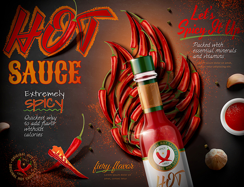 flat lay hot chili sauce ads with fire shape chili on blackboard  in 3d illustration