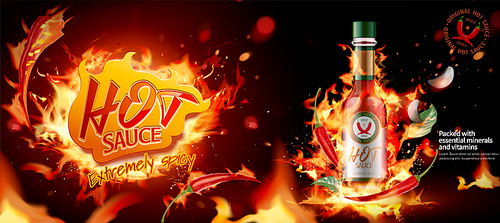 Hot chili sauce ads banner with burning fire effect in 3d illustration