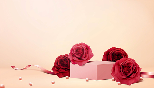 Romantic roses and pearls background in 3d illustration