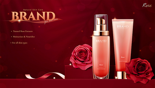 Elegant cosmetic ads with roses and ribbons on glitter burgundy red background in 3d illustration