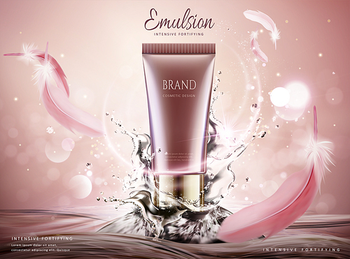 Skin care product ads with swirling water and pink feathers on glittering background, 3d illustration